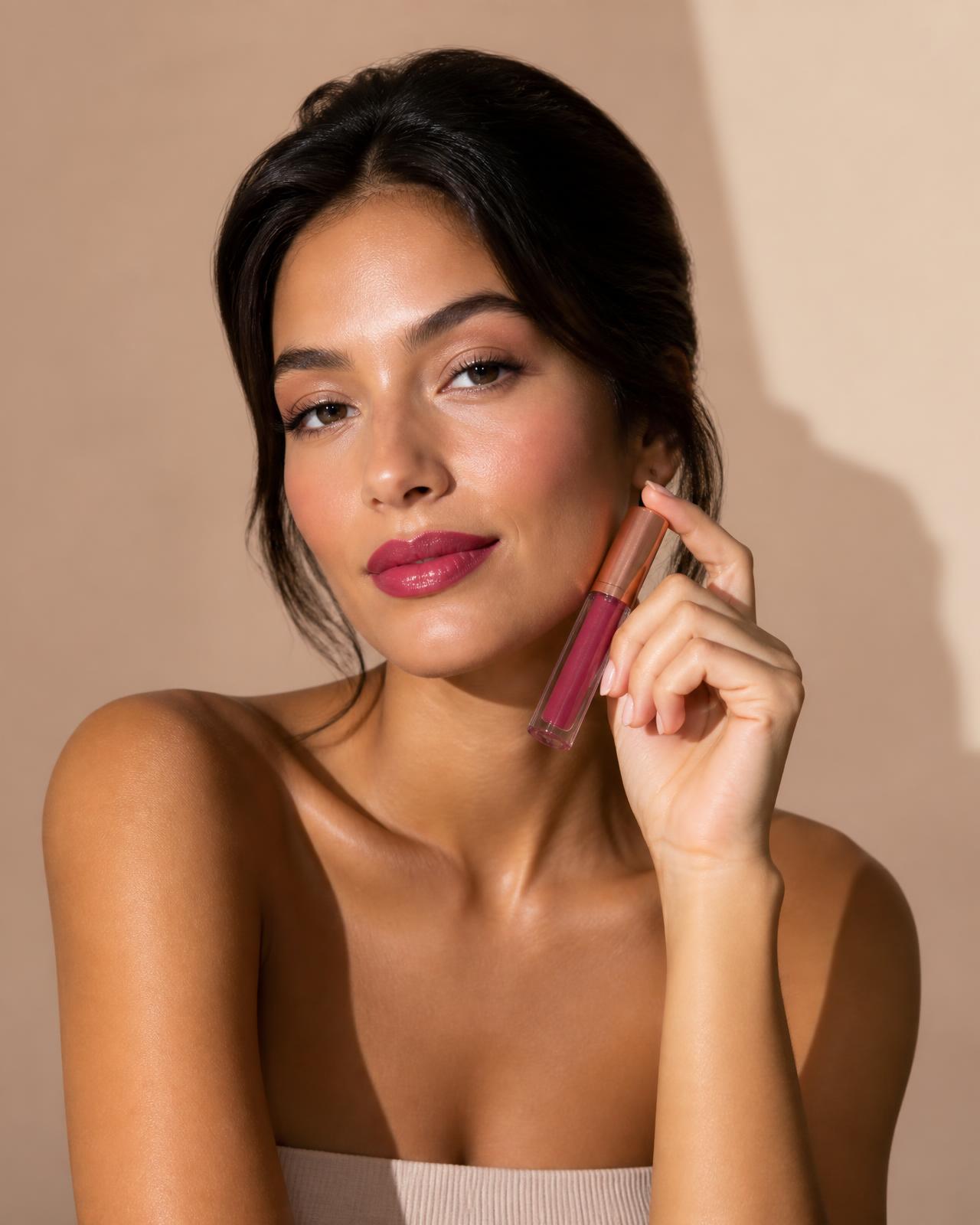 Modelo apresentando gloss em campanha da Dy Júlia Make